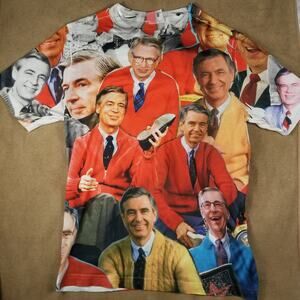 Mister Rogers All Over Print Collage T-Shirt Size Medium Core365 White Back AOP